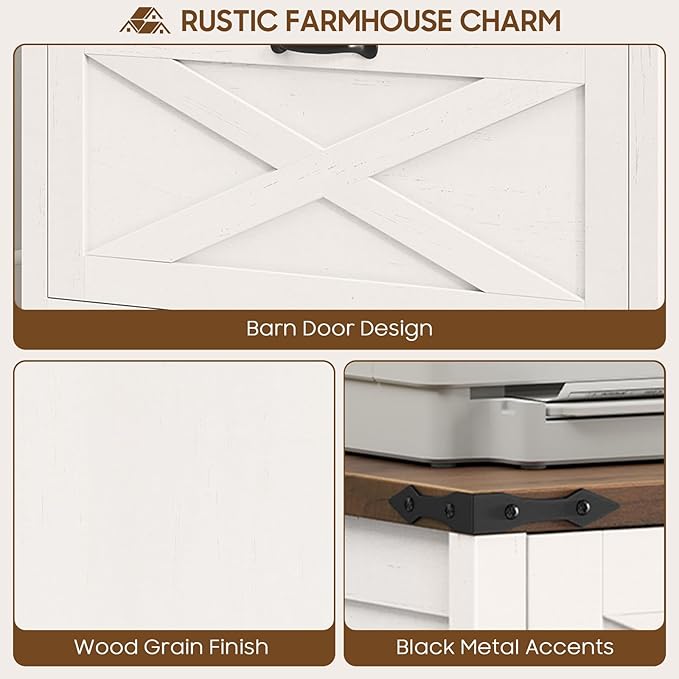 Farmhouse File Cabinet, Lateral Filing Cabinet with 2 Drawers with Lock for Letter/A4 Size Hanging Files, Large Wooden Printer Stand File Storage Cabinet for Home Office, Rustic White