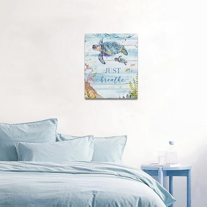 yerretin Nautical Sea Turtle Wall Art Ocean Just Breathe Pictures Wall Decor Beach Canvas Painting Modern Artwork Home Decoration for Bathroom Living Room Bedroom Office Framed 16"x20"