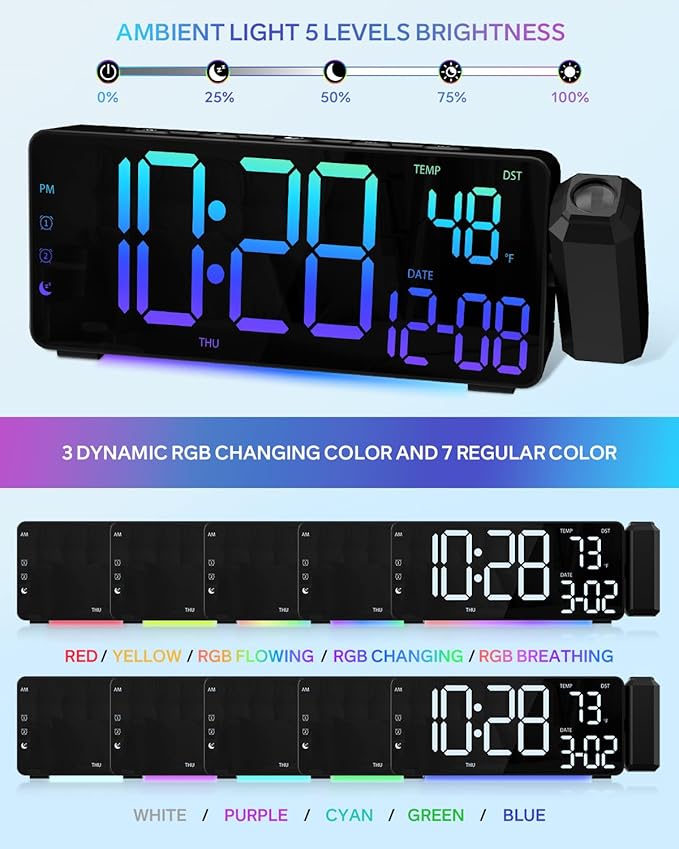 Projection Alarm Clocks, RGB Desk Clock with 180° Rotatable Projector 15 Color Display, Date Temperature and Weekday, DST, Snooze, Ambient Lighting for Living Room,Bedroom Bedside Office Decor