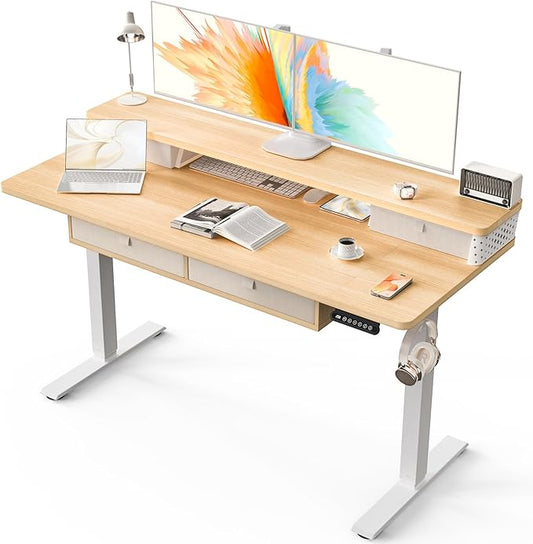 Kingant 55 x 24 Inch Electric Standing Desk with 4 Drawers, Height Adjustable Sit to Stand Computer Desk with Storage Shelf and C-Clamp Mount Compatibility for Home Office, Nature