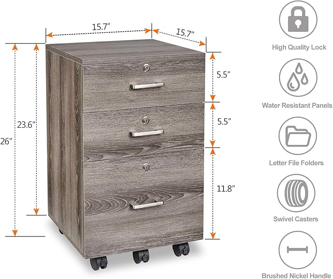 Bonnlo 26"H 3 Drawer File Cabinet With Lock, Rolling Under Desk, Mobile for Home Office, Wood Printer Stand for Letter Size Filings, Assembly Required, Gray Oak