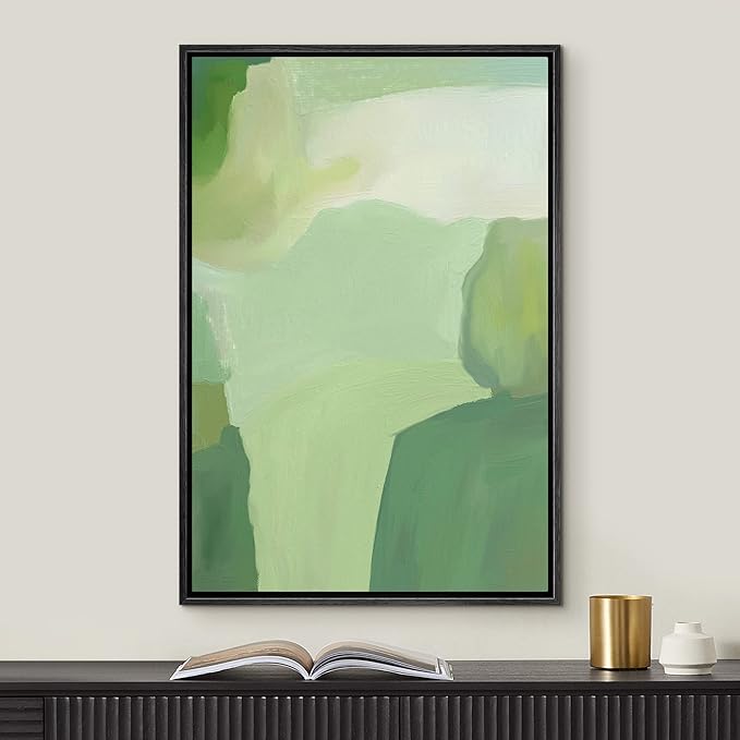 MUDECOR Framed Canvas Print Wall Art Mint Green Paint Stroke Landscape Abstract Shapes Illustrations Minimalism Decorative Relax/Zen Colorful Nordic for Living Room, Bedroom, Office - 16"x24" Black