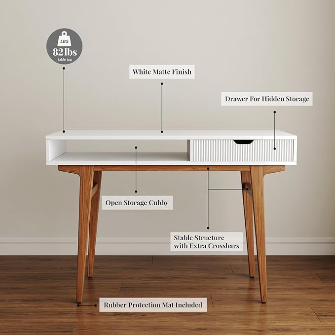 White Computer Desk with Drawers - 45 inch Minimalist Small Solid Wood Mid-Century Modern Office Desk for Home - Boho Style Writing Table with Open Storage,Light Wooden Desk Workspace