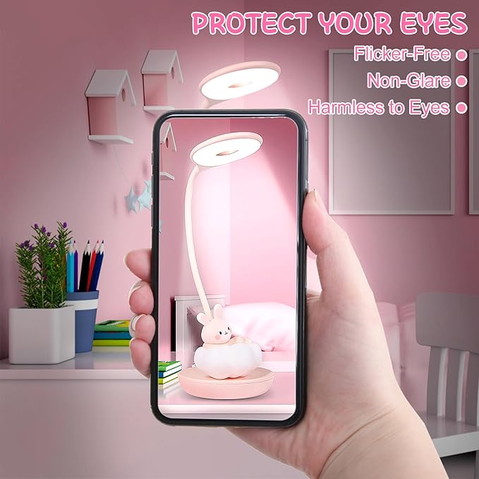 Cute Rabbit Design Dimmable Touch LED Reading Desk Lamp Night Light with 5 Levels Brightness for Boy,Girl Kid Teen (Pink Cloudy Bunny)