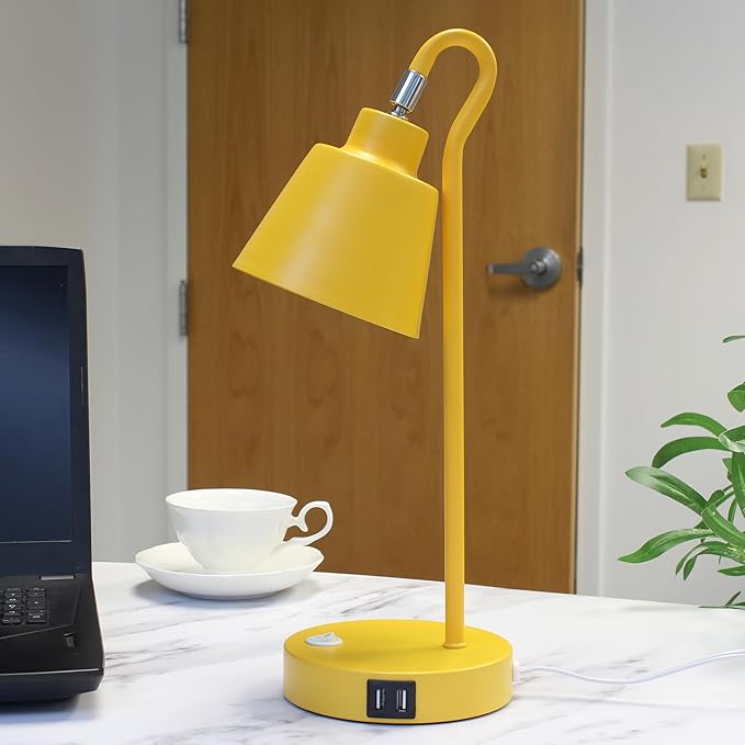 Simple Designs LD1073-YLW 16" Sleek Essentials Metal Looped Desk Task Lamp with Adjustable Shade and Dual USB Ports, for Office, Desk, Nightstand, Yellow