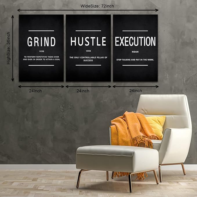 BWSPACE Grind Hustle Execution Wall Art Motivational Wall Decor Office Wall Decor Pictures Posters 3 Pieces Framed Canvas Wall Prints Artwork Home Gym Ready to Hang (GRIND, 72" L x 36" W)