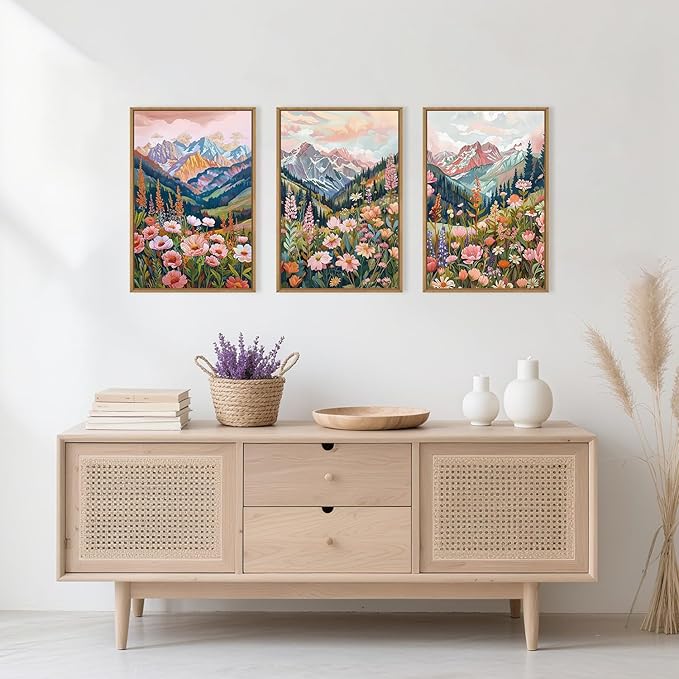 Aryroi Boho Vibrant Spring Mountain Wildflower Framed Canvas Wall Art Set,Colorful Natural Flower Forest Wall Decor,Modern Pink Floral Botanical Landscape Artwork for Living Room,Office,Farmhouse- 24"x36"x3
