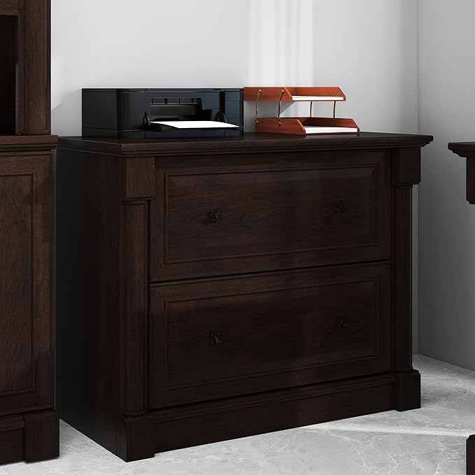2-Drawer Roman Column File Cabinet, 36.8″ Wide Lateral File Cabinet with Hanging Folders, Fits Letter Legal A4 Sizes, Elegant Classic Design for Home Office Boss Room or Printer Stand, Dark Cherry