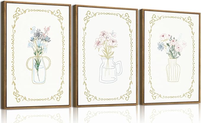 KISSFOX 3 Piece Floral Framed Wall Art Flower Pictures Wall Decor Wildflowers Canvas Wall Art Green Boho Botanical Paintings poster prints for Girly Bedroom Living Room Bathroom