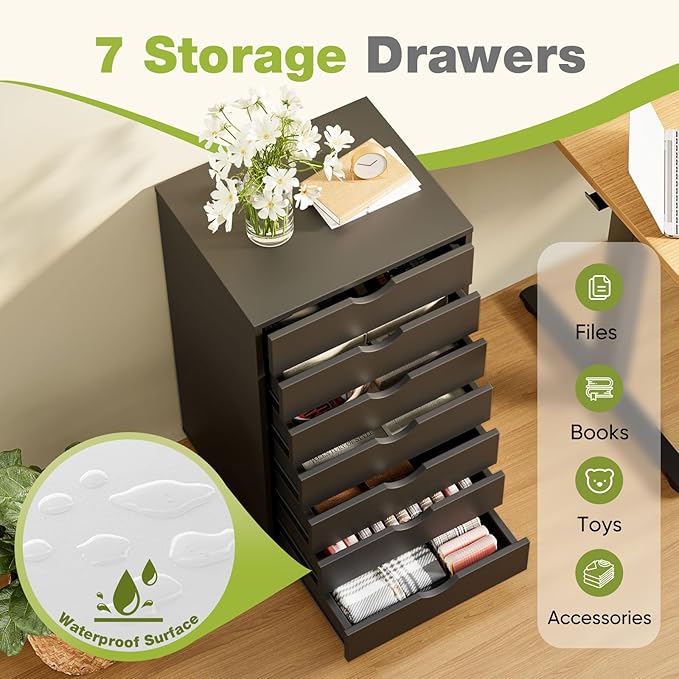 NEWBULIG 7 Drawers File Cabinet Under Desk Storage with Wheels Small Rolling Office Filing Cabinets Chest of Dawers for Home Office Black