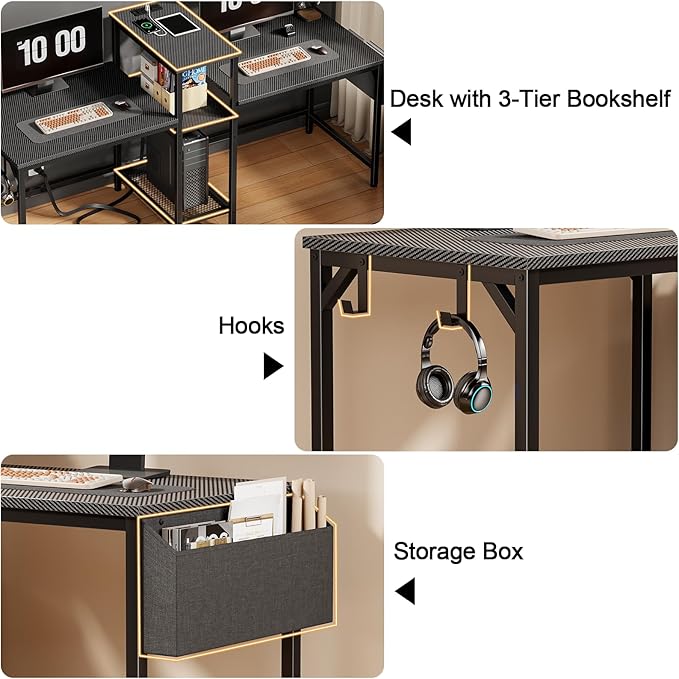 Furologee Double Desk with Power Outlets, 71 Inch Computer Desk with Storage Bag and Headphone Hooks, Gaming Desk Study Writing Table for Home Office, Black