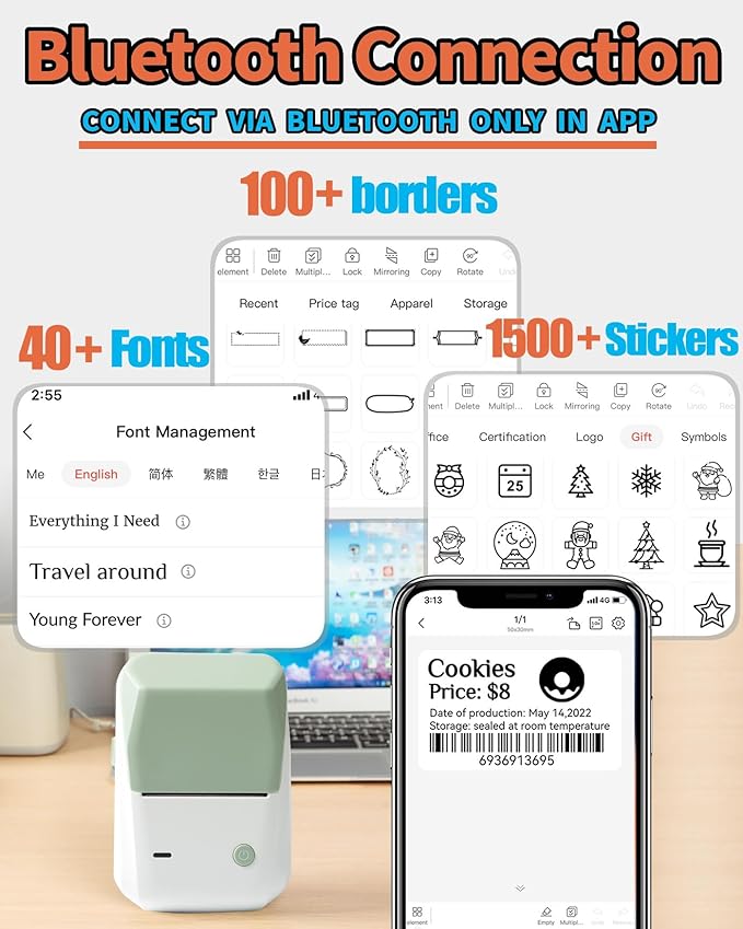 LMASBLTER B1 Label Maker, 2 Inch Barcode Printer, Portable Sticker Maker Machine for Barcode, Name, Address, Labeling, Mailing, Home, Office & Small Business, Compatible with Phones&PC-Green