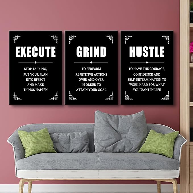 Motivational Canvas Wall Art Execute Grind Hustle Poster Print Inspirational Entrepreneur Positive Quotes Picture Painting Suitable for Office Gym Living Room Wall Decor Easy to Hang [60''Wx28''H]