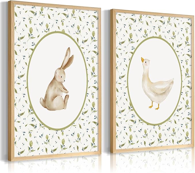 Vintage Nursery Wall Art Cute Goose Canvas Poster Bunny Wall Decor Baby Kids Poster Rabbit Duck Prints Cute Animal Pictures Pale Green Painting Artwork for Gallery Bedroom 16x24 Inch Unframed Set of 2