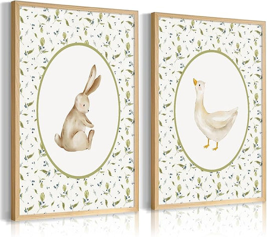 Vintage Nursery Wall Art Cute Goose Canvas Poster Bunny Wall Decor Baby Kids Poster Rabbit Duck Prints Cute Animal Pictures Pale Green Painting Artwork for Gallery Bedroom 16x24 Inch Unframed Set of 2