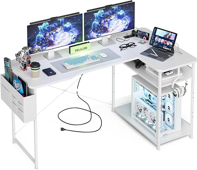 L Shaped Gaming Desk 55 Inch - Computer Corner Desk with Power Outlets, Reversible Shelves & Storage Bag for Home Office, PC Gaming Table, White Carbon