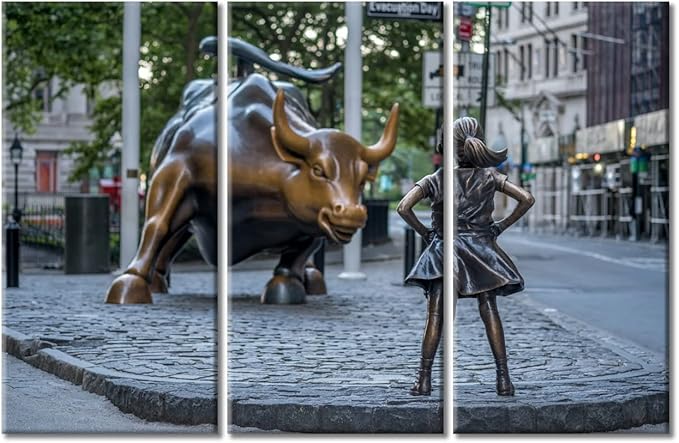 TUMOVO 3 Piece Canvas Wall Art Wall Street Bull and Fearless Girl Picture Printing Modern Artwork Room Decorations Motivational Wall Art Stretched and Framed Ready to Hang - 60" Wx40 H