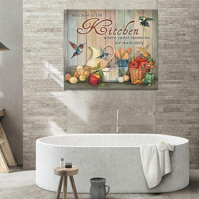 Farmhouse Kitchen Wall Art Country Hummingbird Kitchen Pictures Wall Decor Rustic Vegetables Food Canvas Painting Kitchen Signs Modern Artwork Home Kitchen Decorations Framed 24"x20"