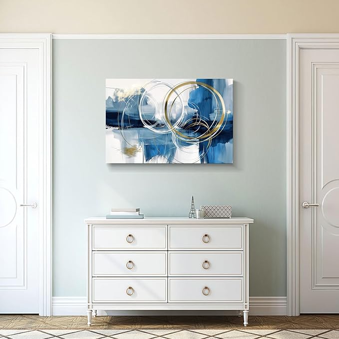 gaosoul Minimalist Abstract Canvas Wall Art Blue and Gold Doodles on White Background Painting Prints Stylish Framed Artwork for Living Room Bedroom Office Decor 36x24in