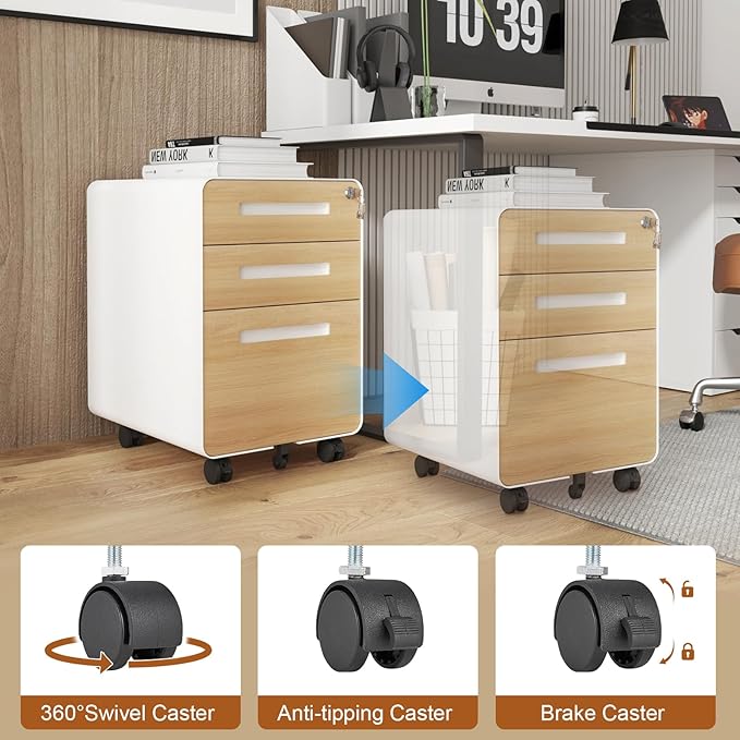 Garvee 3 Drawer File Cabinet with Lock, Under Desk Mobile Metal Filing Cabinet for Home Office, 5 Wheel Anti-Tilt Rolling File Cabinets for A4/Letter/Legal Size, Fully Assembled