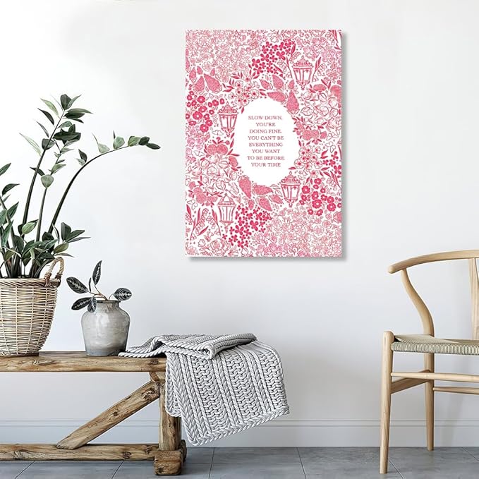 Balsuka Slow Down You're Doing Fine Music Posters Motivational Quote Pink Wall Art Vintage Floral Positive Daily Reminder Song Lyrics Canvas Print Aesthetic Office Home Decor 12x16inch Unframed