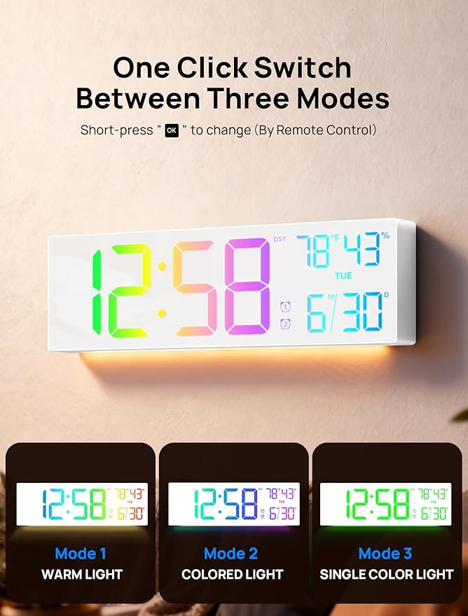 18.5" Large Digital Wall Clock with Remote Control, Big LED Display Digital Clocks with Night Light, Alarm, Countdown, DST, Temp, Date for Living Room, Bedroom, Office, Gifts for Seniors(White)
