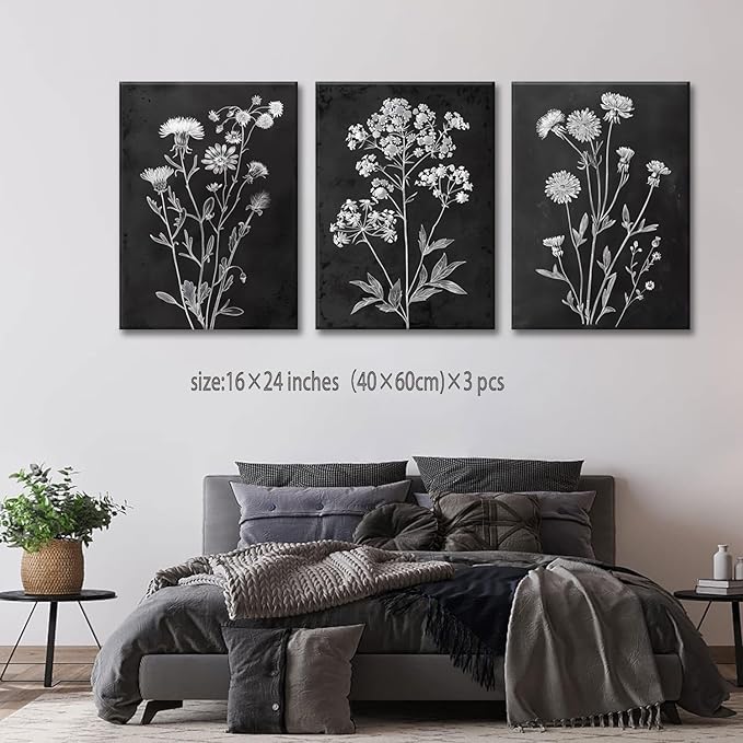 KISSFOX Floral Botanical Canvas Wall Art Vintage Black Background Plant Poster Prints Set of 3 Framed Grey and White Wildflower Painting Modern Farmhouse Decor Pictures Living Room Bathroom Bedroom (Black Floral, 16"x24" Canvas)