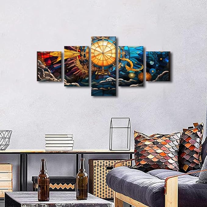 Canvas Wall Art Decor Stained Glass Style Poster Prints Sea Sun Moon Stars Anchor Painting Picture Printing 5 Panel Canvas Art for Living Room Decor Stretched and Framed Ready to Hang 50x24 in