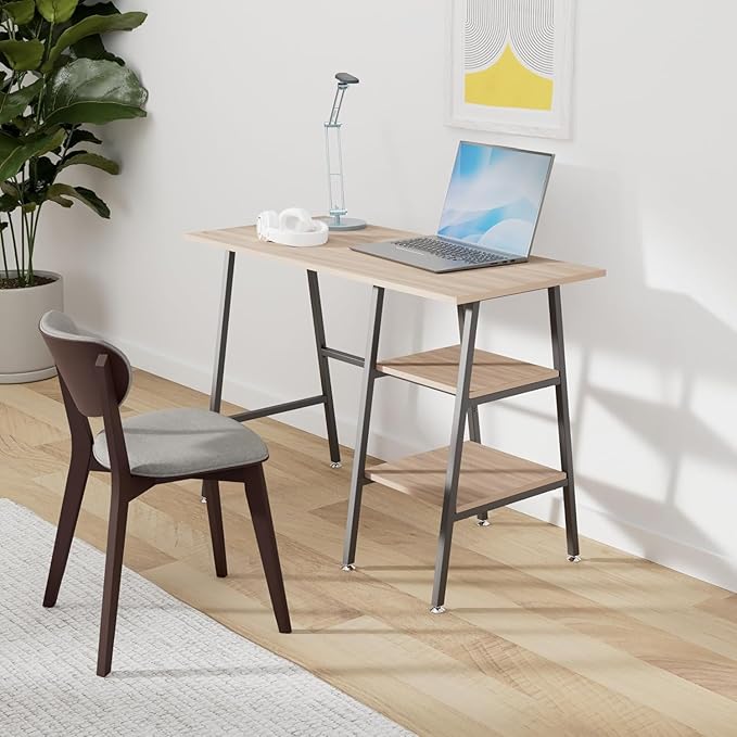 VECELO 43 Inch Computer Desk Writing Study Work Office Table Modern Desk with Shelves Wooden Desk for Home Bedroom,Oak Desk