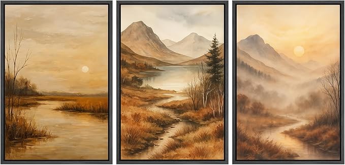 SIGNFORD Framed Wall Art Print Set Golden Hour Mountain River Serene Nature Landscape Digital Art Modern Art Contemporary for Living Room, Bedroom, Office - 24"x36"x3 Black
