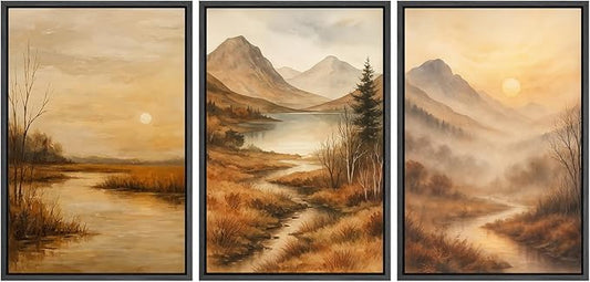 SIGNFORD Framed Wall Art Print Set Golden Hour Mountain River Serene Nature Landscape Digital Art Modern Art Contemporary for Living Room, Bedroom, Office - 24"x36"x3 Black
