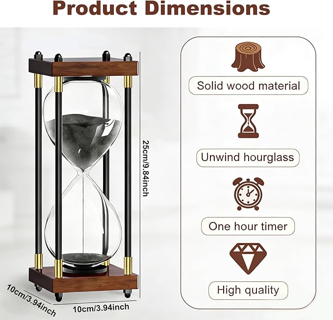 Large Hour Glass Sand Timer - 60 Minute Vintage Sand Clock with Wooden Frame, Hourglass Timer Decor for Office Desk, Kitchen & Mindfulness (Black)