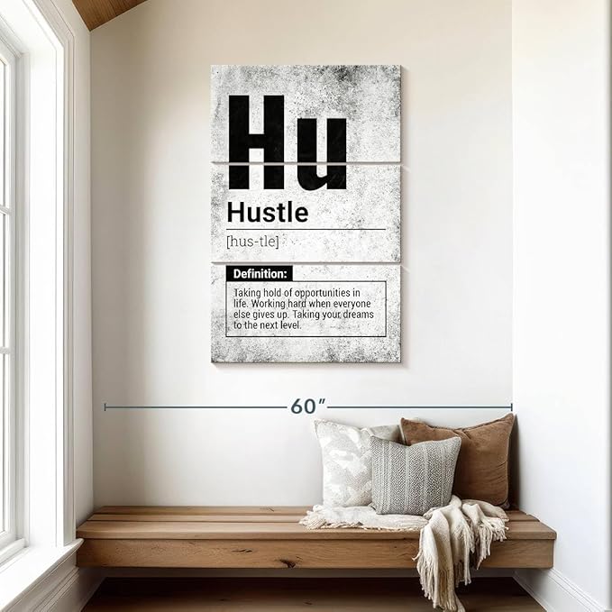 Elephant Stock - Hustle Definition Grunge Wall Art - Vertical Multi Panel Canvas - 3 Piece Living Room Wall Decor - Digital Art Inspirational And Typography Multi Piece Wall Art - Black And Gray Decor - 28" x 45"