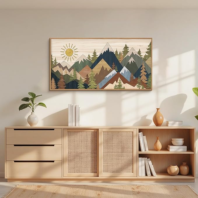 Large Abstract Mountain Woodcut Framed Canvas Wall Art,Vintage Pine Tree Wall Decor,Rustic Nature Forest Painting,Neutral Artwork for Living Room,Bedroom,Dining Room,Farmhouse - 20"x40"x1