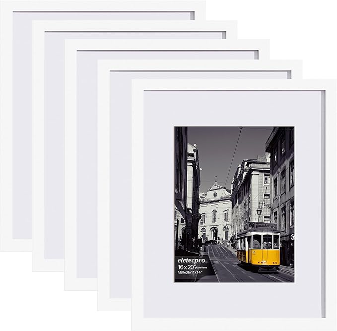 eletecpro 16x20 Picture Frames Set of 5, Gallery Wall Frames Display 11x14 Photo with Mat or 16x20 without Mat, Picture Frame Collage Wall Decor for Wall Mounting, White
