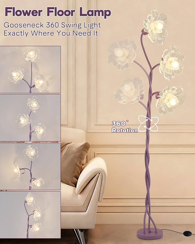 3 Light Flower Floor Lamps for Living Room, Standing Floor Lamp with Flexible Gooseneck, Unique Floor Lamp with 3 Color Temperatures, Tall Corner Floor Lamps for Living Room, Bedroom—Purple