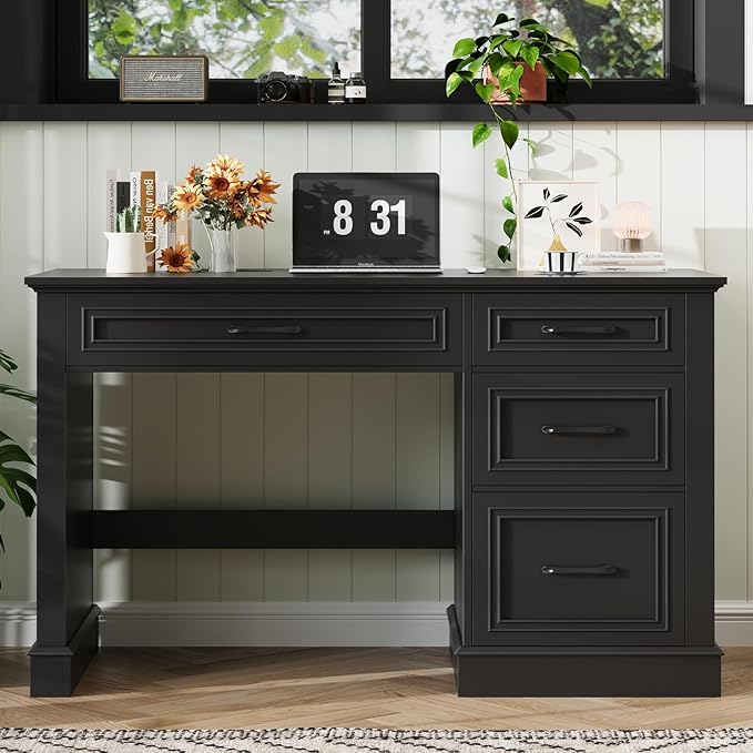 Farmhouse 47" Executive Desk with 4 Drawers, Computer Desk with File Drawer, Workstation for Study, Home Office, Writing, Pure Black.