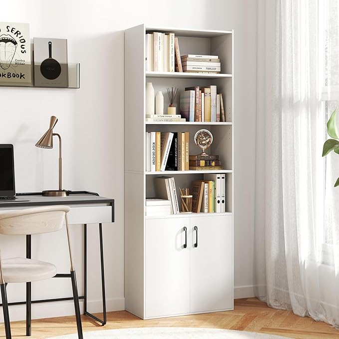 Giantex 70" Bookcase with 2 Doors, 6-Tier Modern Bookshelf w/Cabinet, Elegant Storage Cabinet, Adjustable Shelves, Multipurpose Display Rack, Storage Organizer for Living Room Bedroom Study (White)