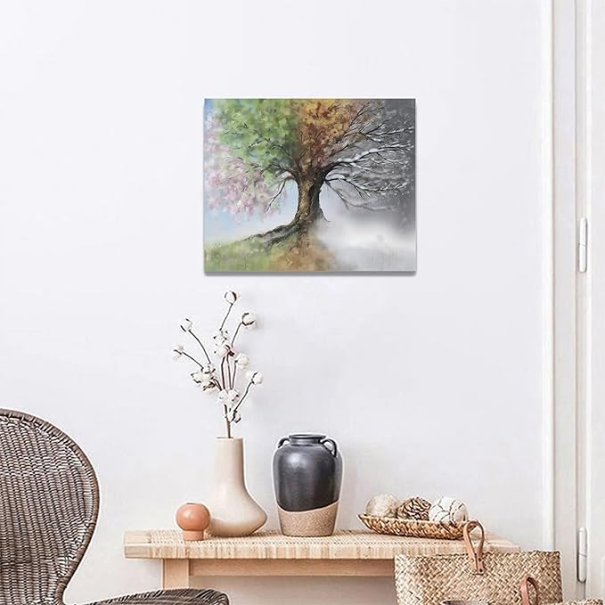 yerretin Tree of Life Wall Art Colorful Country Trees Pictures Wall Decor Rustic Four Season Canvas Painting Modern Artwork Home Decorations for Bathroom Living Room Bedroom Office Framed 20"x16"