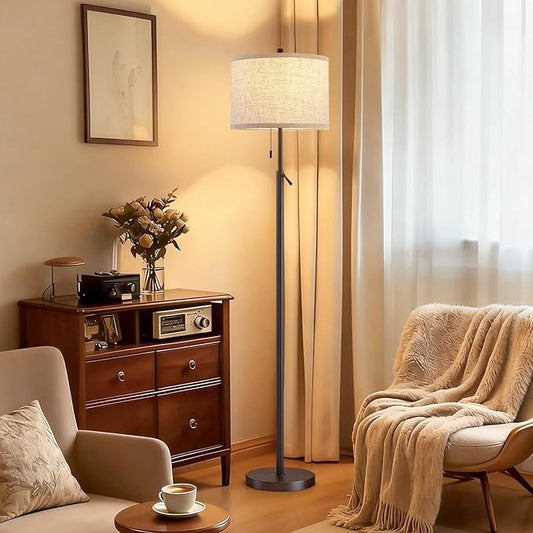 GyroVu Height Adjustable Floor Lamp, Standing Lamp with Metal Base Tall Lamp with Pull Chain & Beige Shade Modern Floor Lamps for Living Room, Bedroom & Office Bulbs Not Included(Brown)