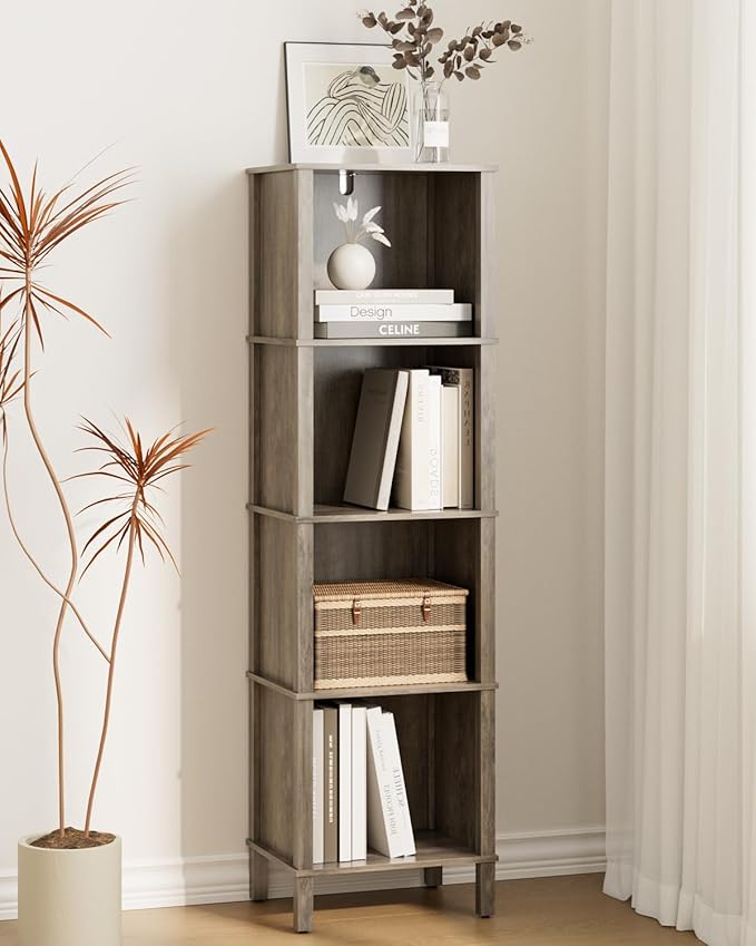 Bookshelf, Modern 4-Tier Bookcase, Open Storage Book Shelf, 11 × 14.2 × 50.4 Inches, Small Narrow Bookshelves for Living Room, Home Office, Bedroom, Gray