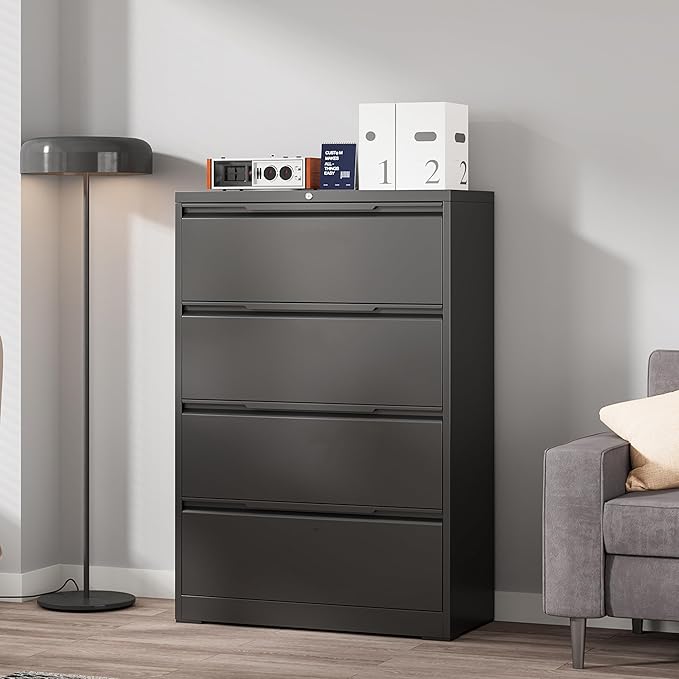 Coolsun Metal File Cabinet with Lock, 4 Drawer File Cabinet for Home Office, Lockable Lateral Filing Cabinet for A4/F4/Lagel/Letter Assembly Required (Black, 4 Drawer Lateral)