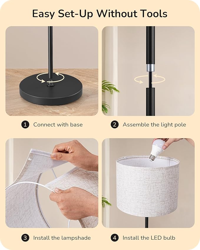EDISHINE Dual Shades Floor Lamps for Living Room with Foot Switch, 63.7" Modern Standing Lamp with Remote Control, Stepless Dimmable Minimalist Lamps for Bedroom, Office, (9W Bulb Included), Black