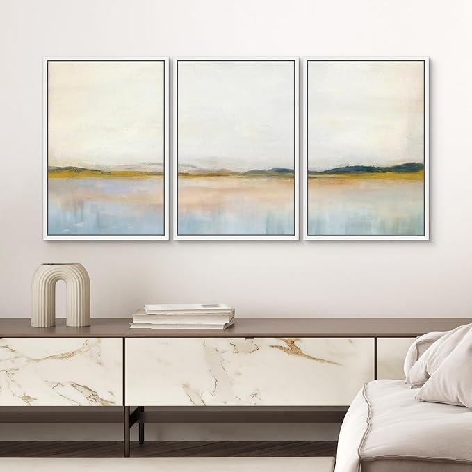 SIGNWIN Framed Canvas Print Wall Art Set Grunge Watercolor Pastel Lake Landscape Nature Abstract Illustrations Fine Art Decorative Nordic Rustic for Living Room, Bedroom, Office - 16"x24"x3 White