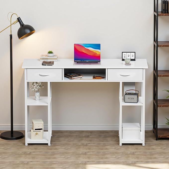 OLIXIS Desk with Storage Fabric Drawers-48 Inch Home Office Computer Desk for Small Space Bedroom,Modern Study Work Gaming Writing Table PC Desks,Chic White