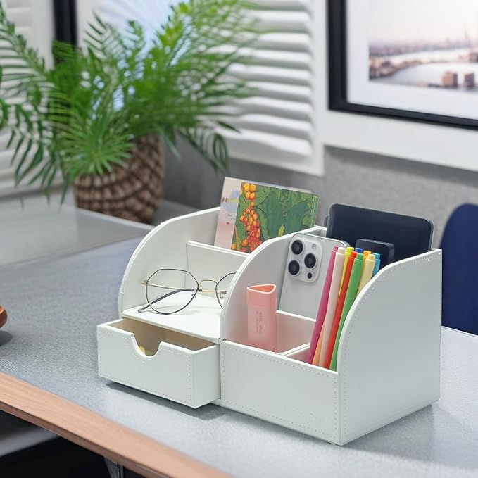 UnionBasic Desk Organizer - Multifunctional Leather Desktop Pen Holder Storage Box - Business Card/Pen/Pencil/Mobile Phone/Stationery Holder, White