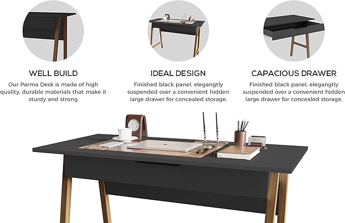 Modern Design Parma Small Desk for Bedroom, Black 42 Inch Writing Desk with Drawer, by Crafts and Comfort