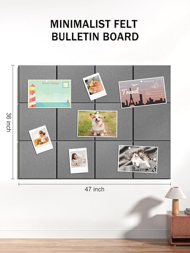 Hsurbtra Large Cork Board for Wall 47 x 36 Inch, 12 Pack Felt Bulletin Notice Board with Pushpins for Office Home School Farmhouse Wall Decor, Dark Gray