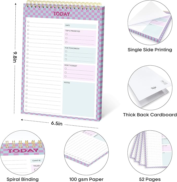 Taja 6 Pack of To Do List Notepad - To Do List Notebook for Work with 52 Sheets, 9.8" x 6.5", Undated Daily Planner Perfect for Daily Tasks and Goal Setting, Notepad Suitable for Office, Home & School - Lavender Checkered