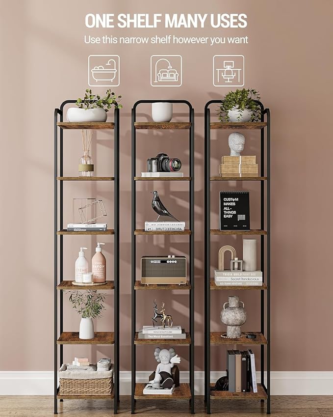Bookcase Bookshelf, Narrow Book Shelf, Industrial Corner Shelf Storage Organizer, Slim Shelving Unit for Home Office, Living Room, Bedroom, Kitchen, 6-Tier Rustic Brown and Black BC24601B
